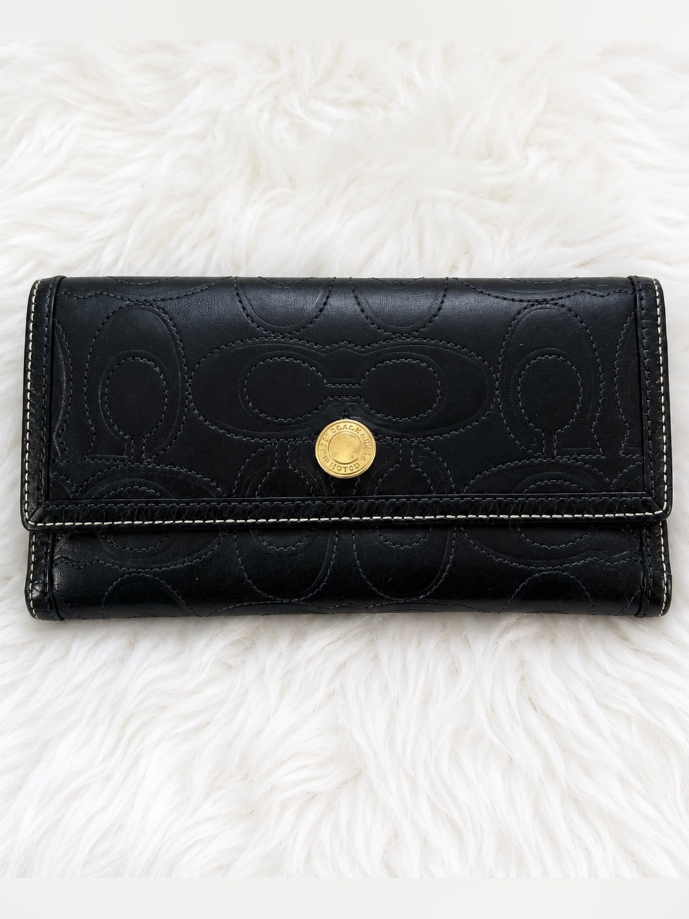 Vintage Coach Black Leather Signature C Embossed Checkbook Wallet